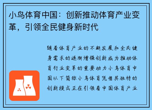 小鸟体育中国：创新推动体育产业变革，引领全民健身新时代