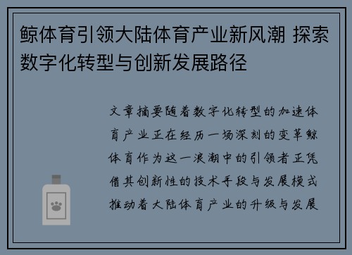 鲸体育引领大陆体育产业新风潮 探索数字化转型与创新发展路径